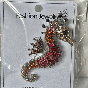 Rhinestone Seahorse Brooch or Pendant Pin Red & Peach Silver Toned Metal